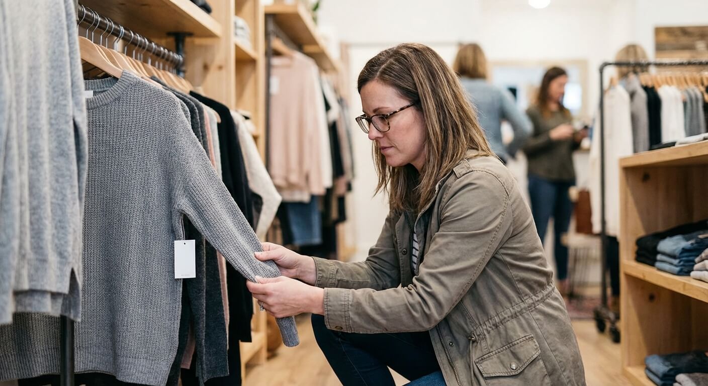 Cliente regardant l'étiquette de taille d'un vêtement lors d'une séance de shopping en magasin