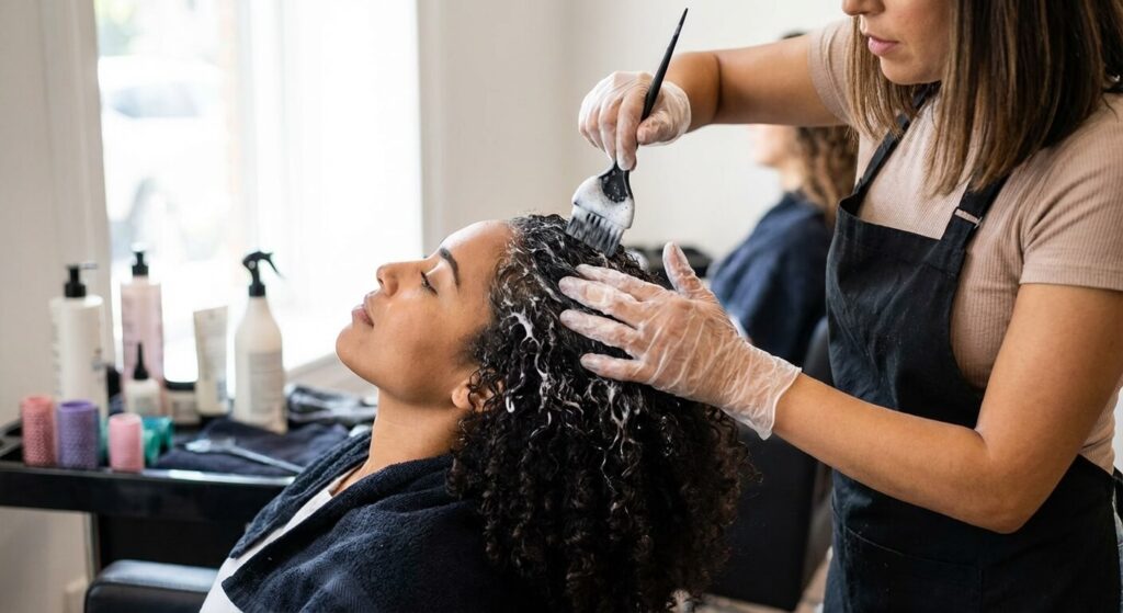 Permanente sur cheveux bouclés : Redéfinir ses boucles sans les abîmer 2 Coiffeur appliquant délicatement un produit de permanente douce sur la chevelure bouclée d'une cliente