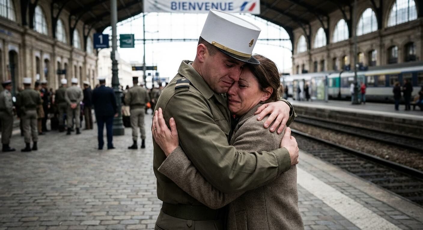 Retrouvailles émouvantes entre un soldat de la Légion étrangère en uniforme et sa compagne