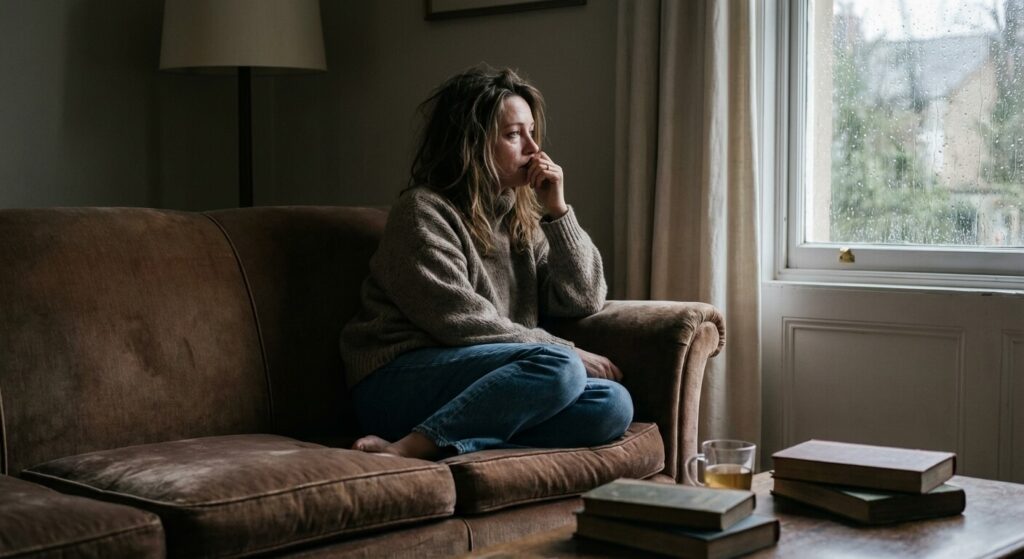 Femme pensive et mélancolique assise sur un canapé, illustrant le doute et la perte de sentiments amoureux