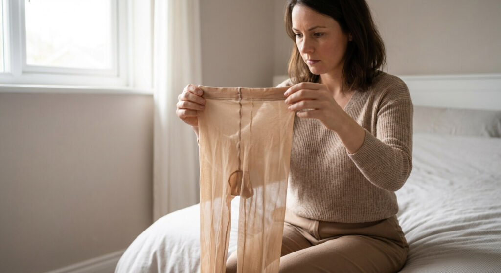 Collant avec un trait : Faut-il mettre la couture devant ou derrière ? 2 Femme tenant un collant en nylon transparent et observant les coutures de la ceinture avant de l'enfiler