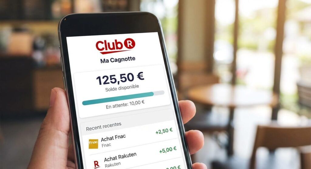 Écran de smartphone affichant la cagnotte de cashback du programme de fidélité Club R