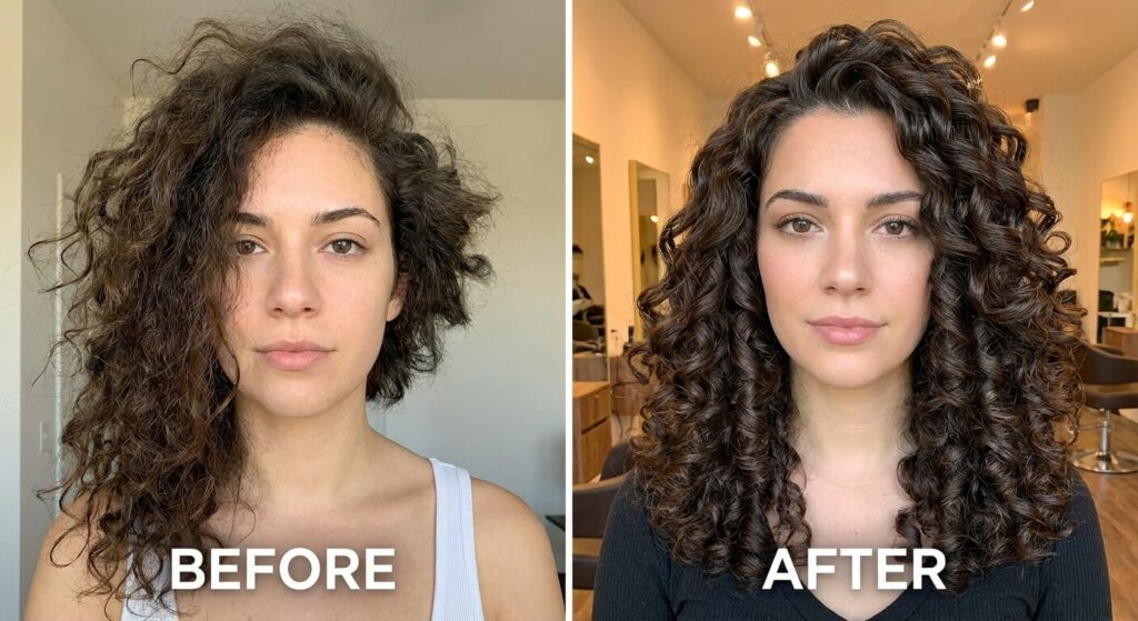 Permanente sur cheveux bouclés : Redéfinir ses boucles sans les abîmer 3 Comparaison avant-après montrant une chevelure frisée asymétrique transformée en boucles larges et uniformes