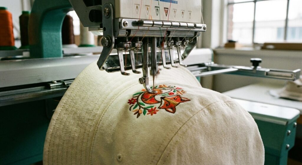 Bob personnalisé : l'art de porter un chapeau à votre image 3 Gros plan sur une machine à broder réalisant un logo sur un chapeau bob en coton.