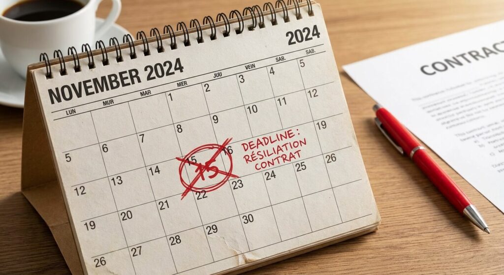 Muse Prévoyance résiliation : Démarches, délais et conditions légales 3 Calendrier soulignant au stylo rouge la date limite de préavis pour résilier un contrat annuel
