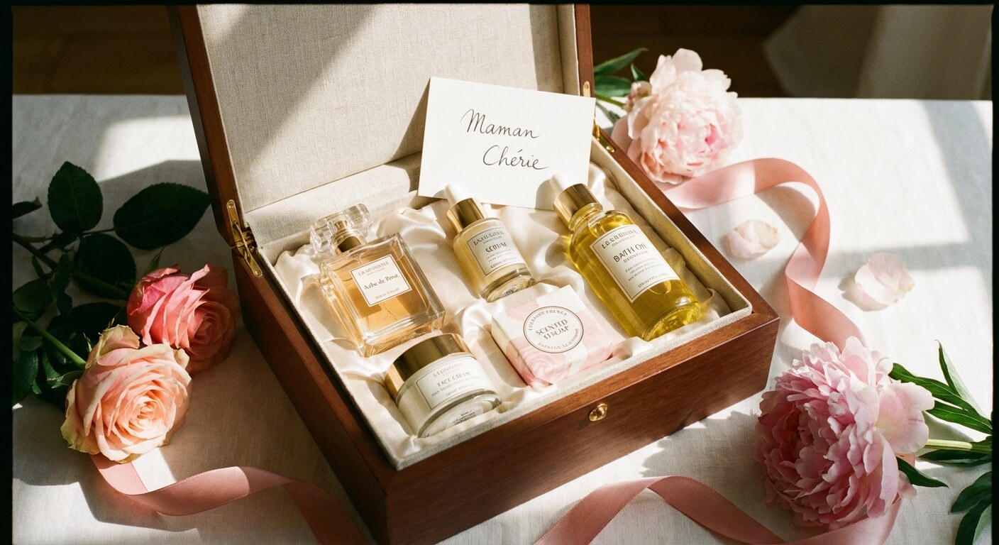 Un coffret cadeau élégant ouvert révélant des produits de soin et un parfum, idéal pour célébrer la Fête des Mères.