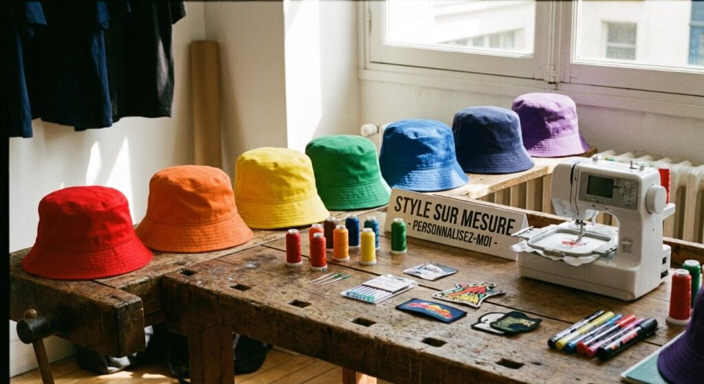 Bob personnalisé : l'art de porter un chapeau à votre image 4 Alignement de chapeaux bobs de différentes couleurs prêts à être personnalisés pour un style sur mesure.