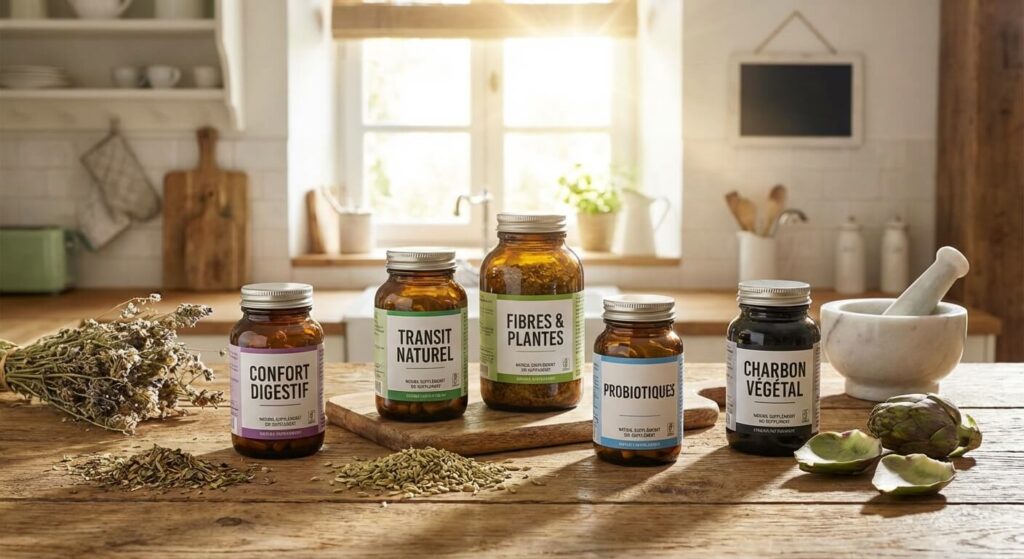 Sélection de flacons de compléments alimentaires naturels pour le confort digestif et le transit.