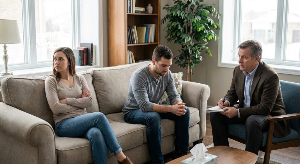 Couple distant en pleine consultation avec un thérapeute spécialisé dans les crises conjugales