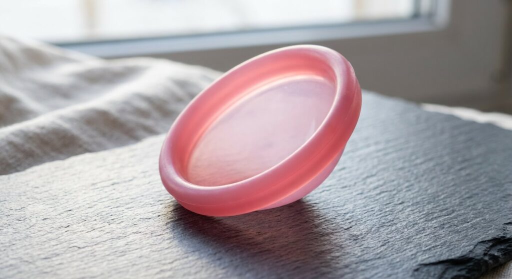 Un disque menstruel en silicone médical rose, montrant sa forme plate et son bord flexible.