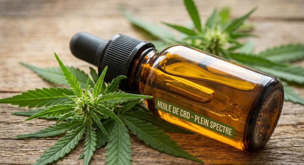 Huile de CBD sans THC : le guide complet pour une consommation sereine 3 Gros plan sur un flacon compte-gouttes en verre ambré contenant de l'huile de CBD, posé à côté de feuilles de chanvre fraîches.