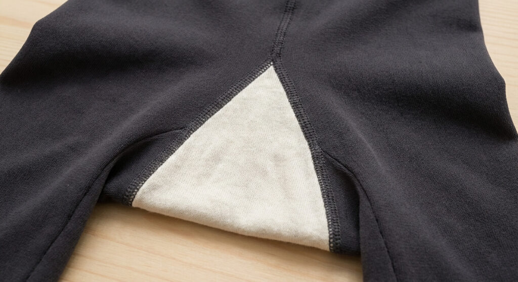 Collant avec un trait : Faut-il mettre la couture devant ou derrière ? 3 Gros plan sur le gousset en coton situé à l'entrejambe d'un collant opaque de qualité