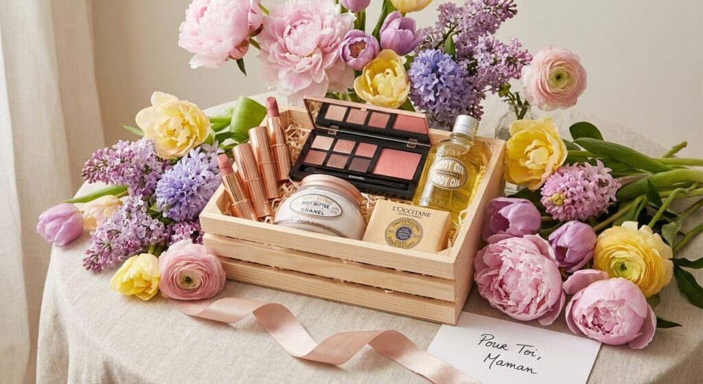 Les tendances beauté à offrir pour la fête des mères cette année 4 Des produits de maquillage et des soins corps entourés de fleurs fraîches de printemps pour une idée cadeau beauté.