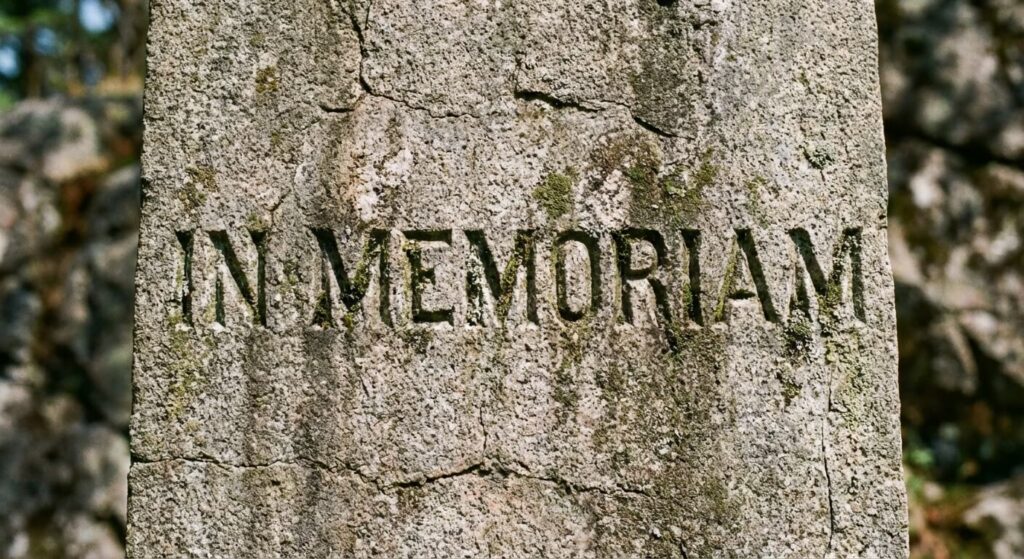 Gros plan sur une inscription latine "In Memoriam" gravée sur une stèle en pierre.