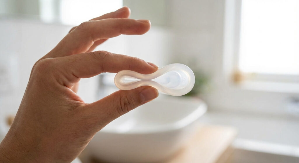 Une main tenant un disque menstruel plié, illustrant la technique d'insertion pour un confort optimal.