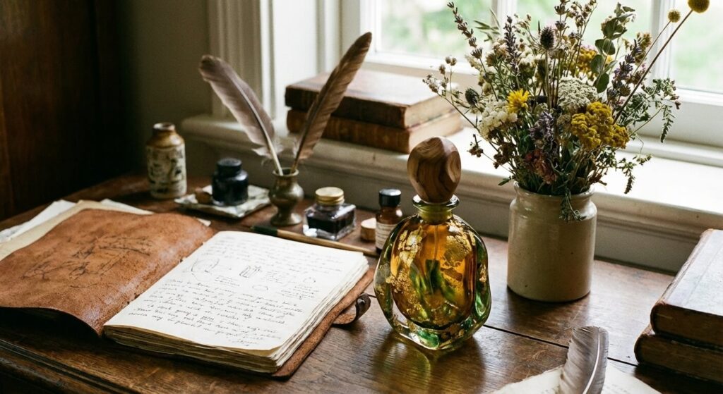 Un flacon de parfum artistique posé sur un bureau d'écrivaine à côté d'un carnet de notes et de fleurs séchées.