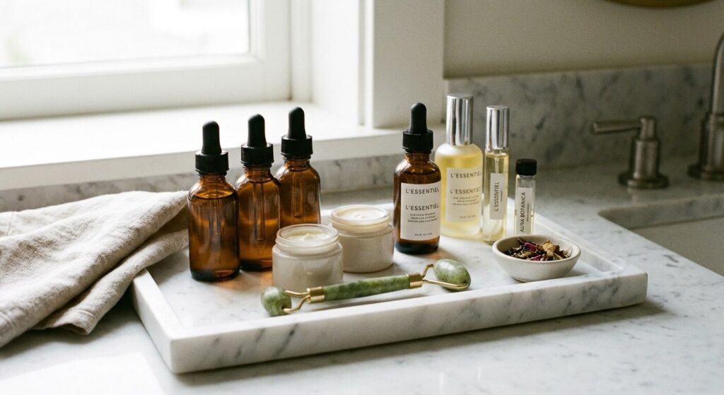 Les tendances beauté à offrir pour la fête des mères cette année 3 Une sélection de flacons de sérums et de crèmes hydratantes disposés sur un plateau en marbre pour un moment beauté.