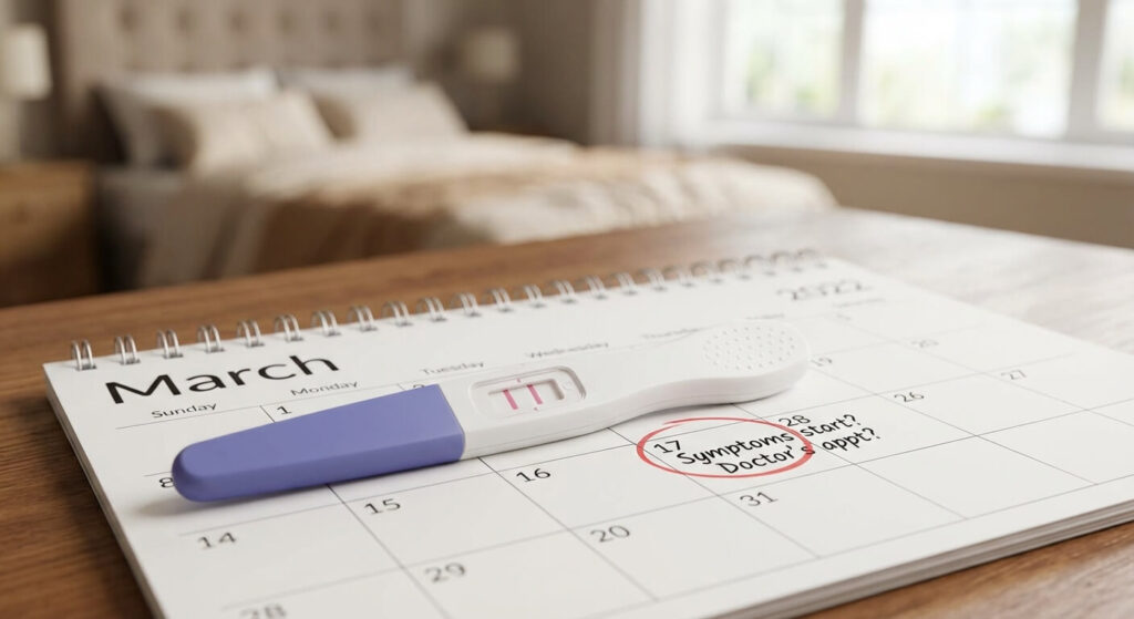 Gros plan sur un test de grossesse positif à côté d'un calendrier, symbolisant la détection des premiers symptômes.