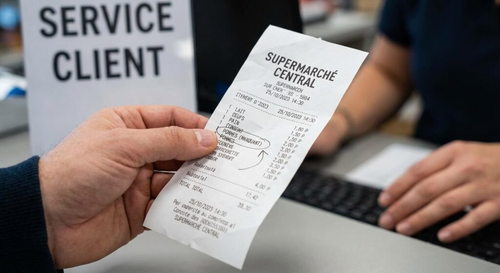 Gros plan sur un ticket de caisse de supermarché présenté à l'accueil pour prouver un achat oublié