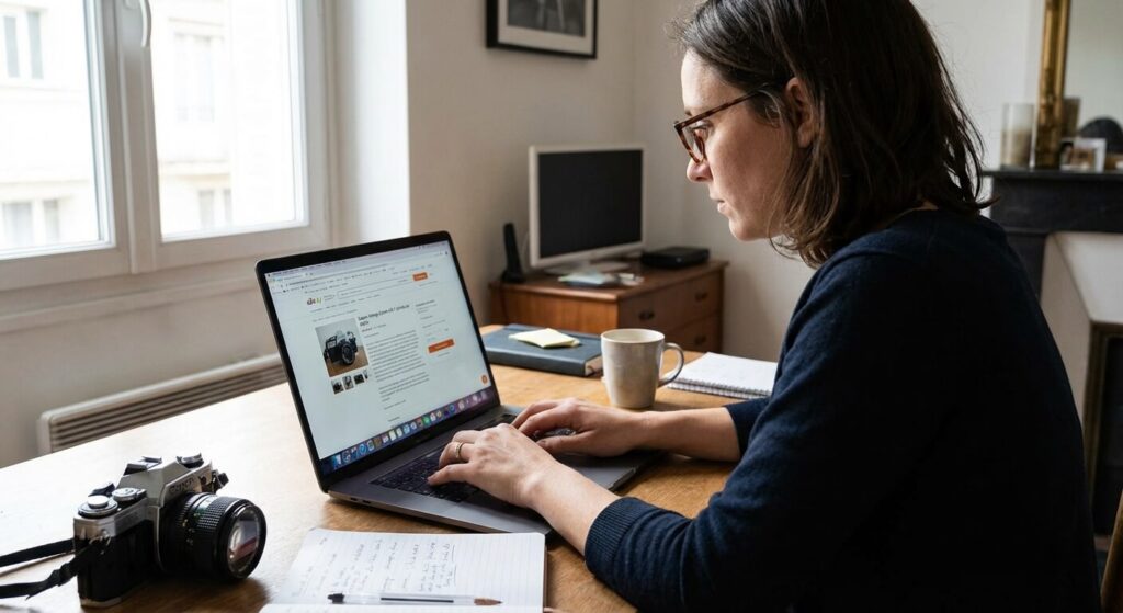 Utilisateur attentif rédigeant la description détaillée d'une annonce de vente d'objet d'occasion sur ordinateur