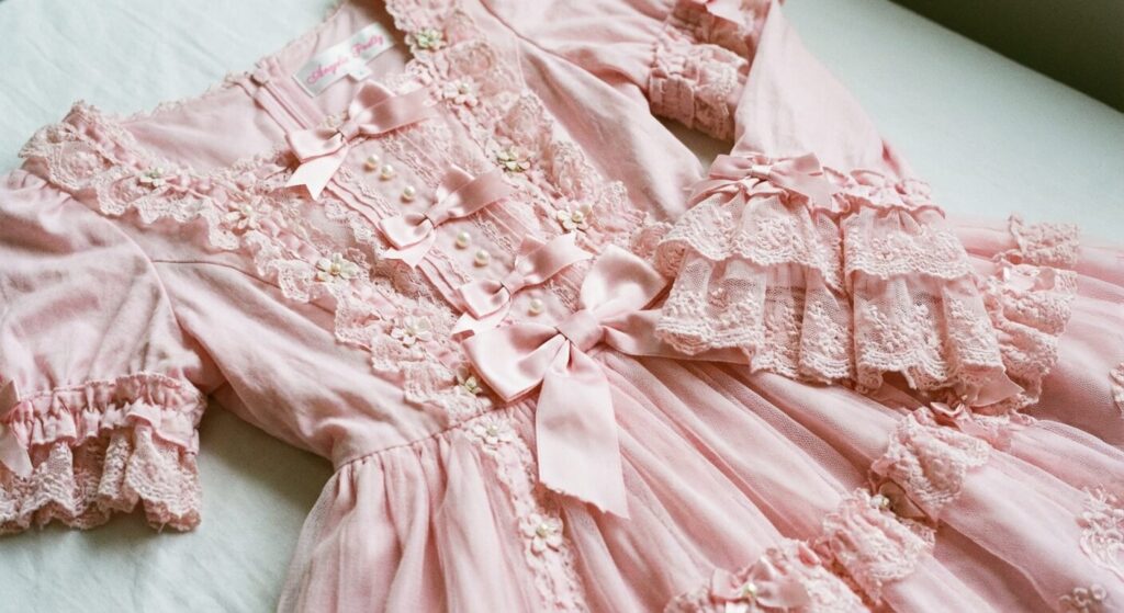Gros plan sur les détails d'une robe Sweet Lolita rose pastel avec dentelles et rubans soyeux.