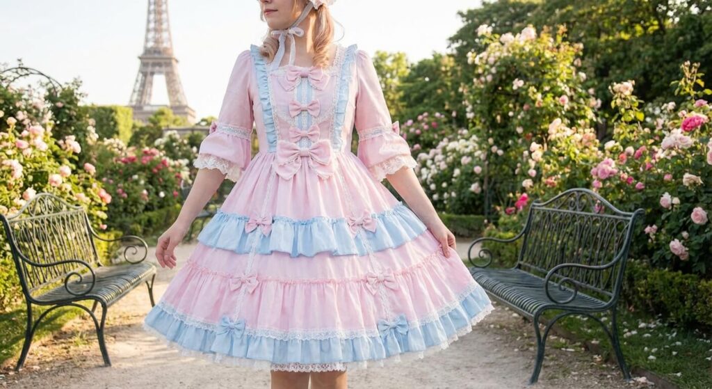 femme portant une robe Lolita pastel