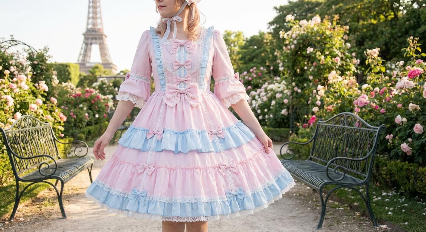 femme portant une robe Lolita pastel