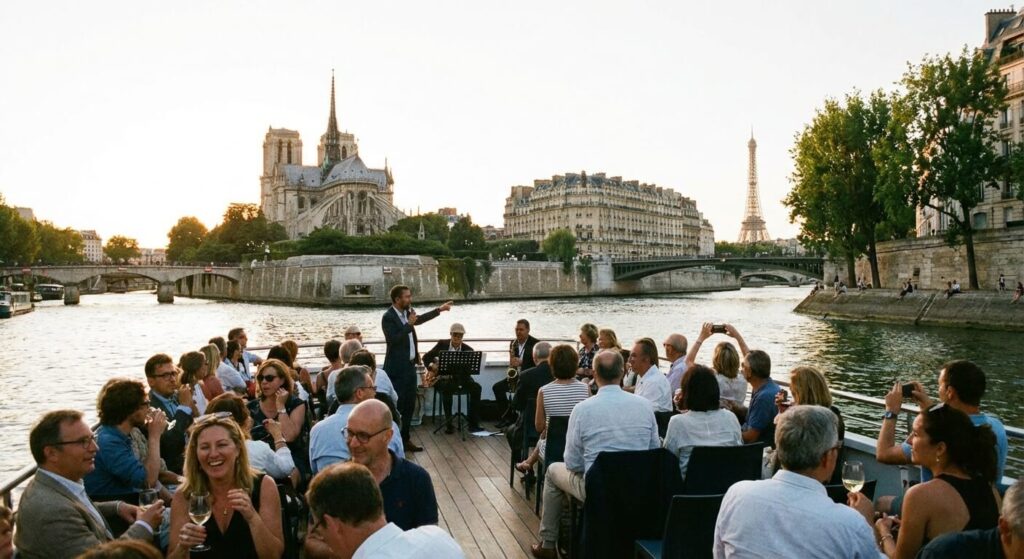 Un groupe de personnes profitant d'une balade fluviale sur la Seine pour découvrir les monuments de Paris.