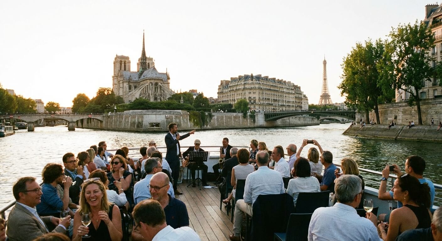 Un groupe de personnes profitant d'une balade fluviale sur la Seine pour découvrir les monuments de Paris.