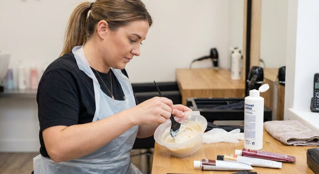 Femme préparant un mélange de coloration dans un bol avec une bouteille d'oxydant crème