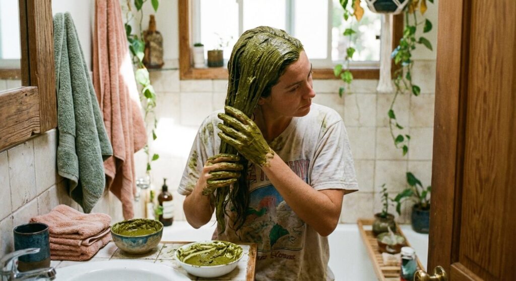 Femme appliquant une épaisse pâte de henné naturel sur ses longueurs dans sa salle de bain