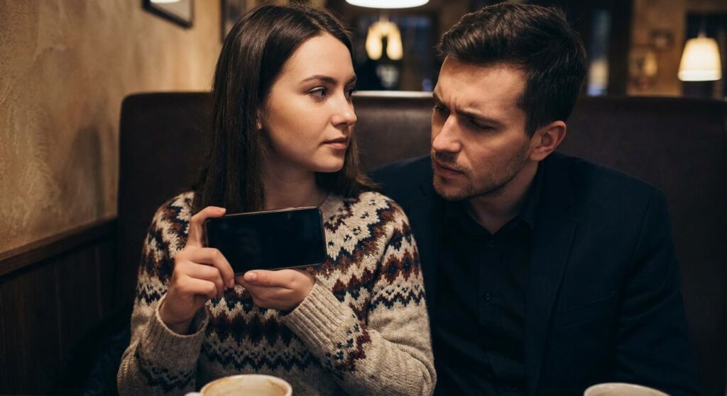 Comprendre le problème : ma femme ne veut pas que je regarde son portable 2 Femme tournant l'écran de son téléphone portable pour le cacher du regard de son conjoint