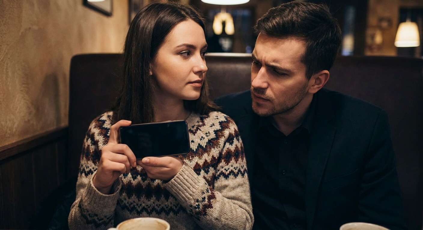 Femme tournant l'écran de son téléphone portable pour le cacher du regard de son conjoint