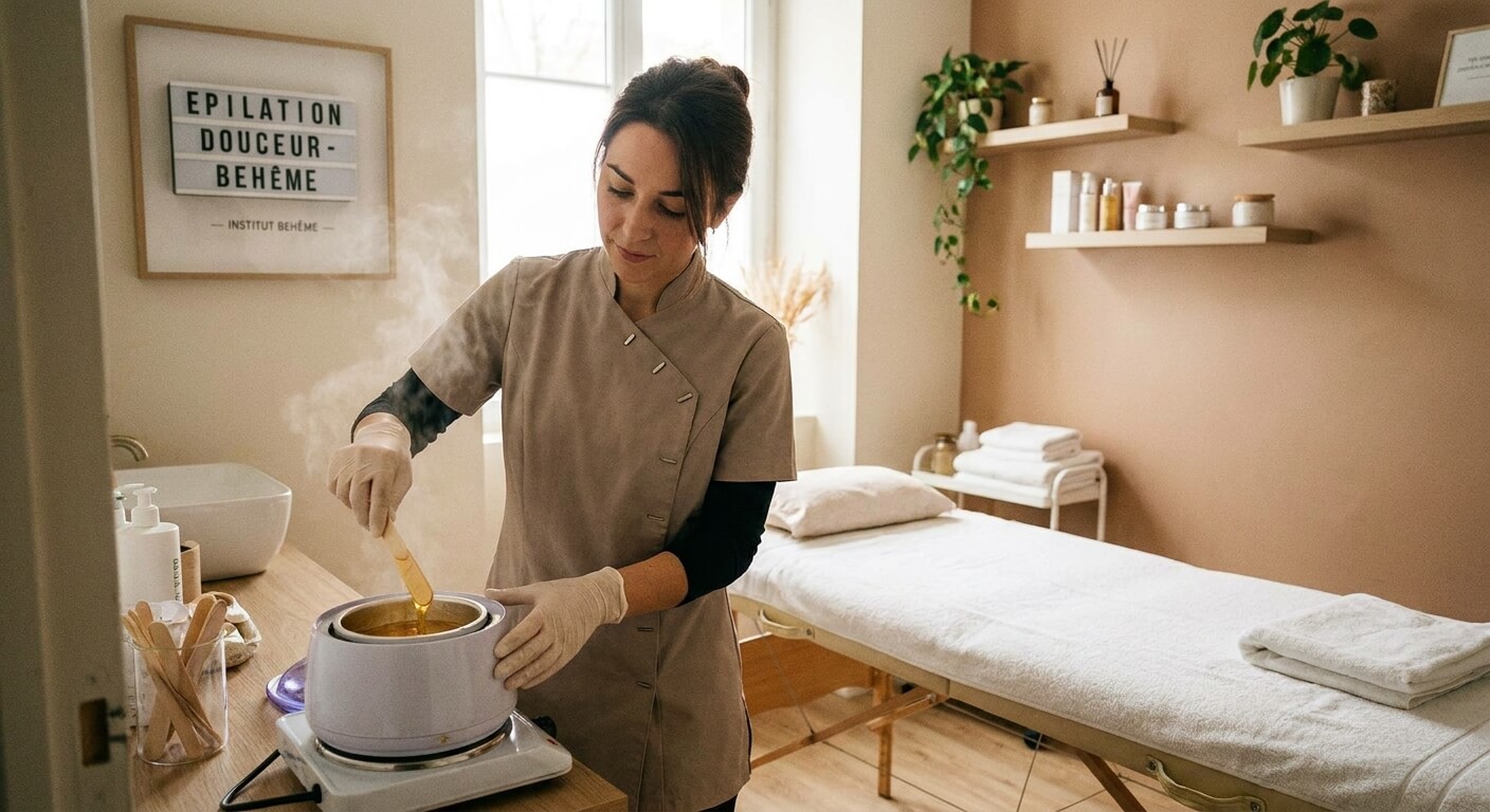 Esthéticienne préparant la cire tiède pour une épilation en douceur en institut de beauté