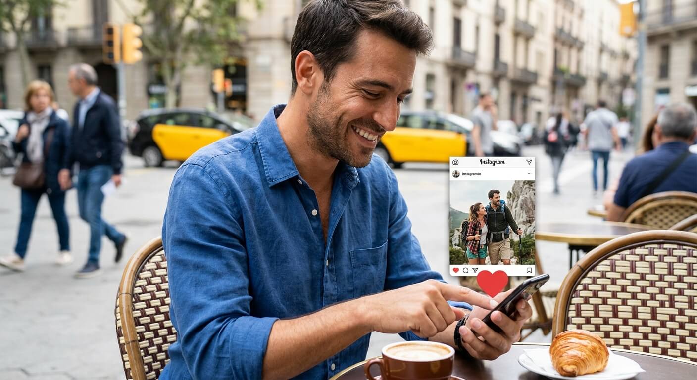Homme souriant regardant son smartphone et déposant un cœur sur une photo Instagram