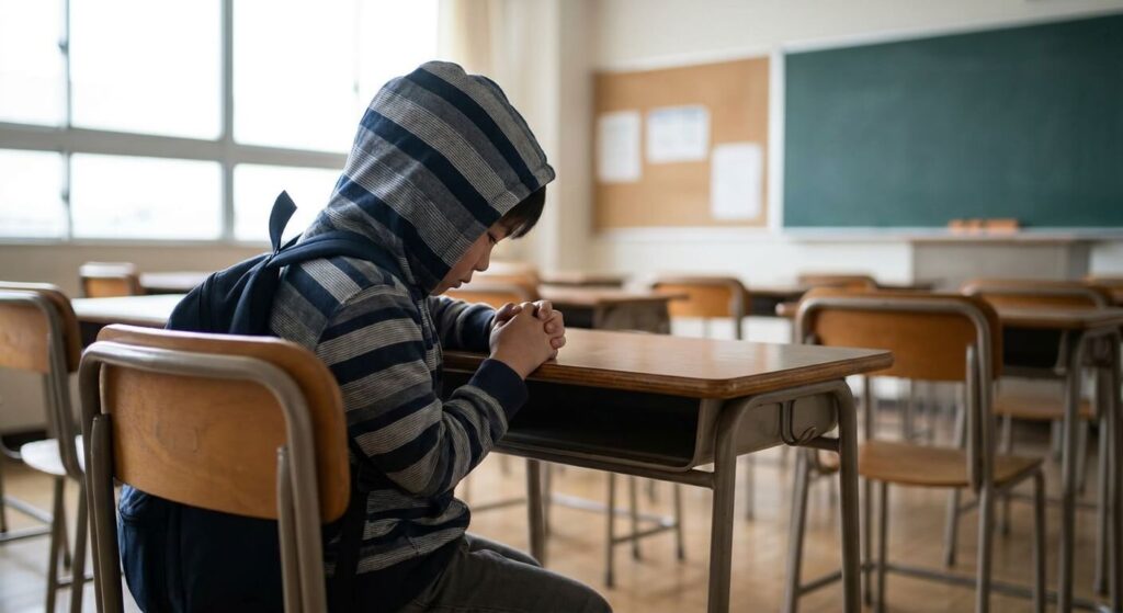 Enfant s'asseyant seul dans une classe, illustrant un sentiment d'exclusion scolaire