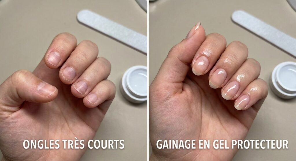 Comparatif visuel entre des ongles très courts et un gainage en gel protecteur