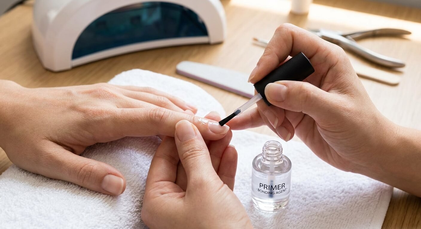 Flacon de primer appliqué au pinceau sur un ongle naturel avant la pose de gel