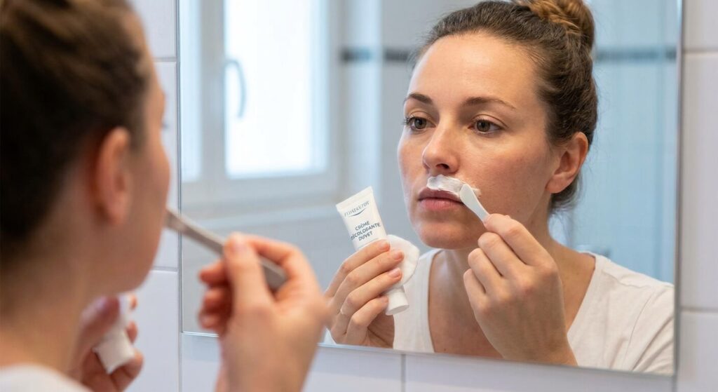 Femme appliquant prudemment une crème décolorante sur le duvet de sa lèvre supérieure