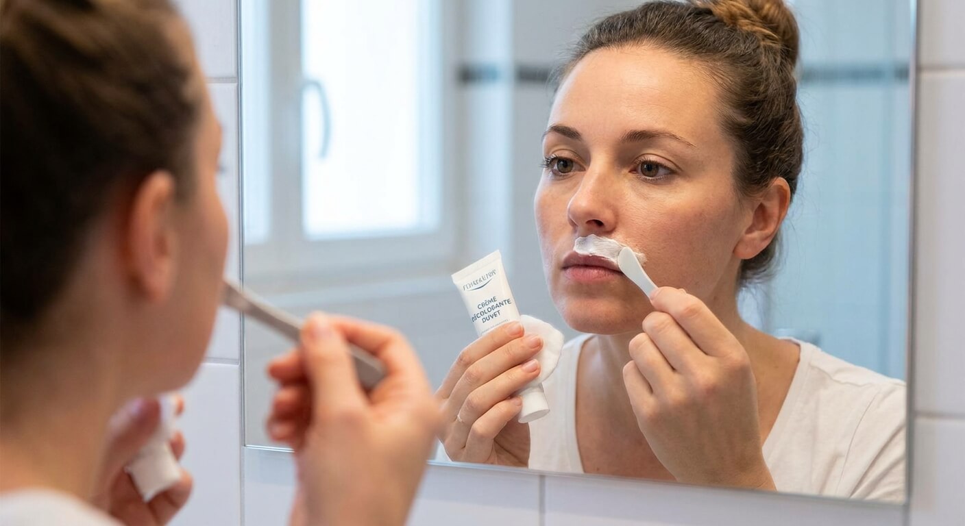 Femme appliquant prudemment une crème décolorante sur le duvet de sa lèvre supérieure