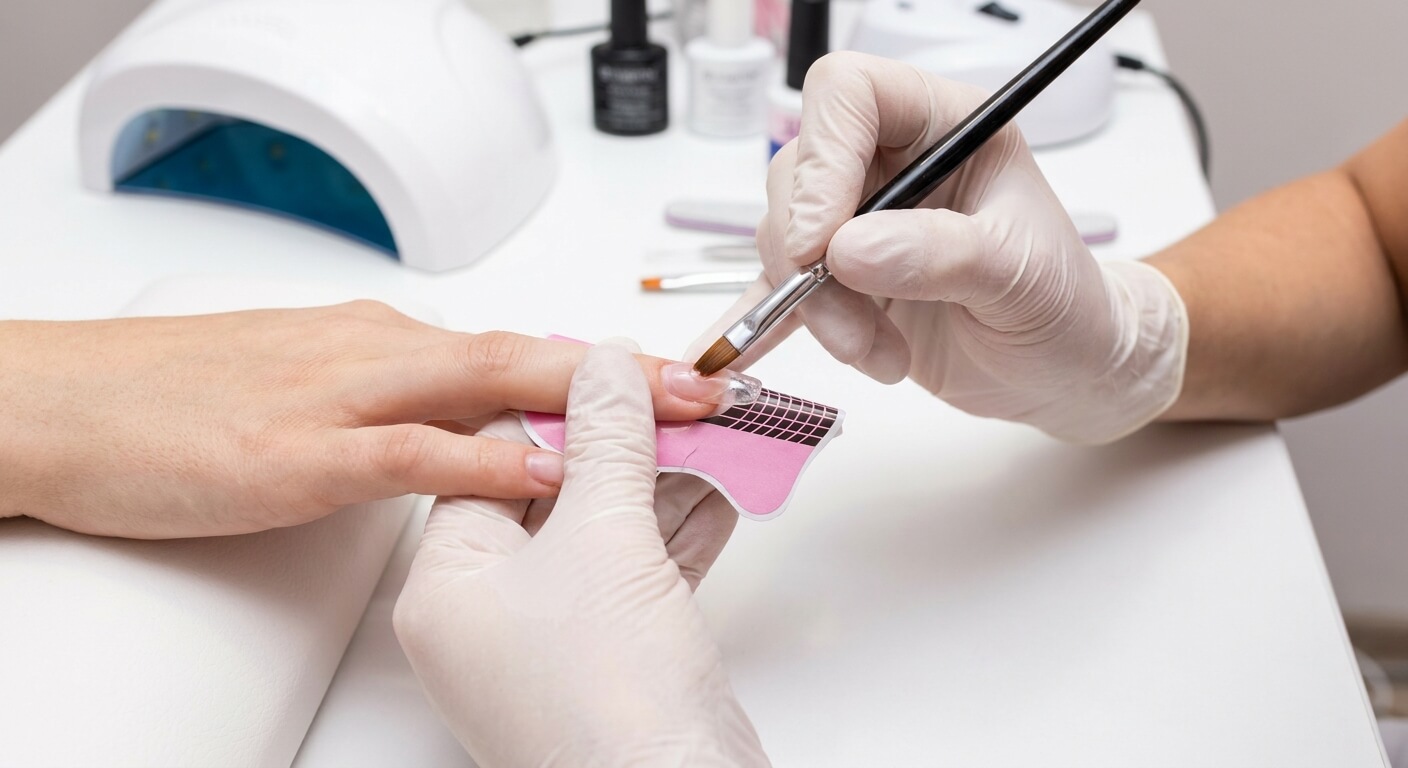 Pose d'une extension d'ongle en gel transparent à l'aide d'un chablon en papier