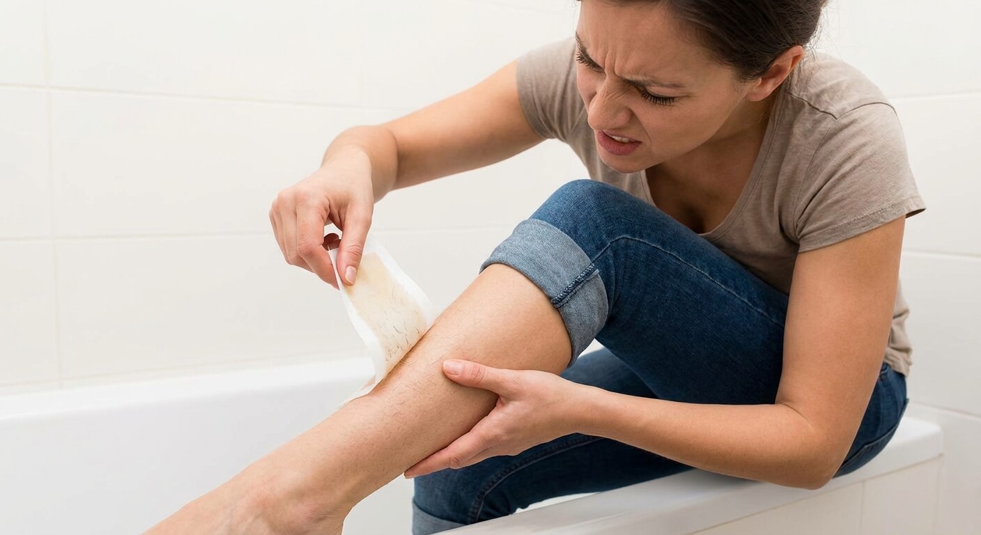 Femme frustrée retirant une bande de cire froide sur sa jambe sans grand résultat sur les poils