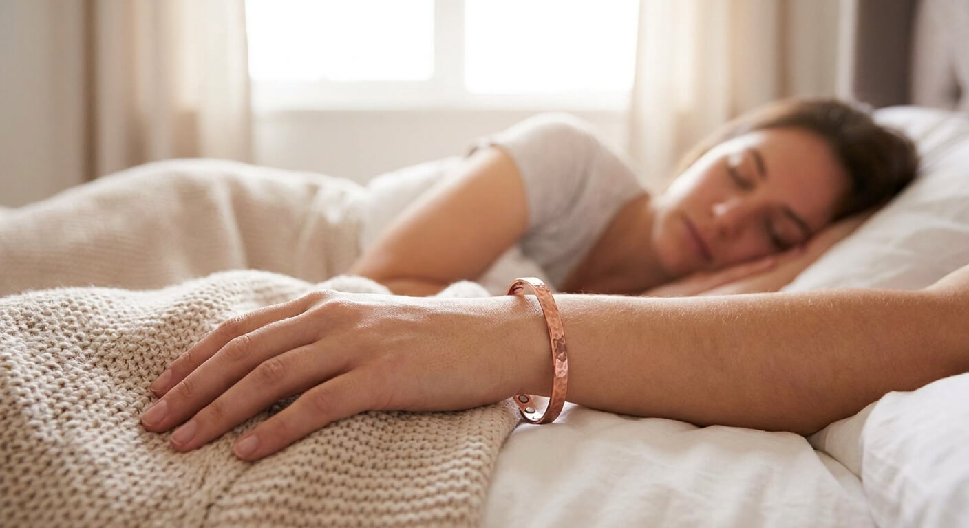 Personne dormant paisiblement avec un bracelet en cuivre doté d'aimants au poignet