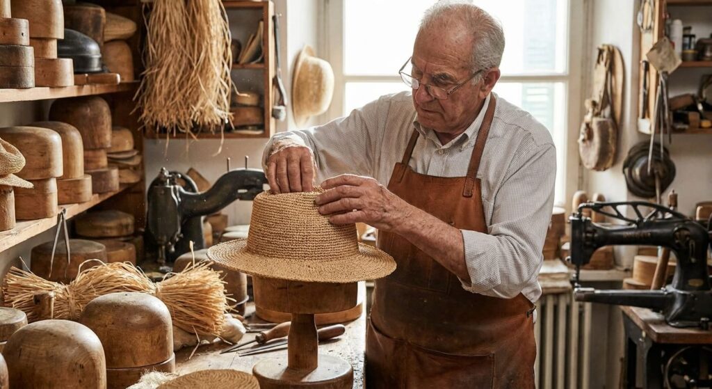 Un artisan chapelier ajustant minutieusement la calotte d'un chapeau en fibres naturelles dans son atelier traditionnel.