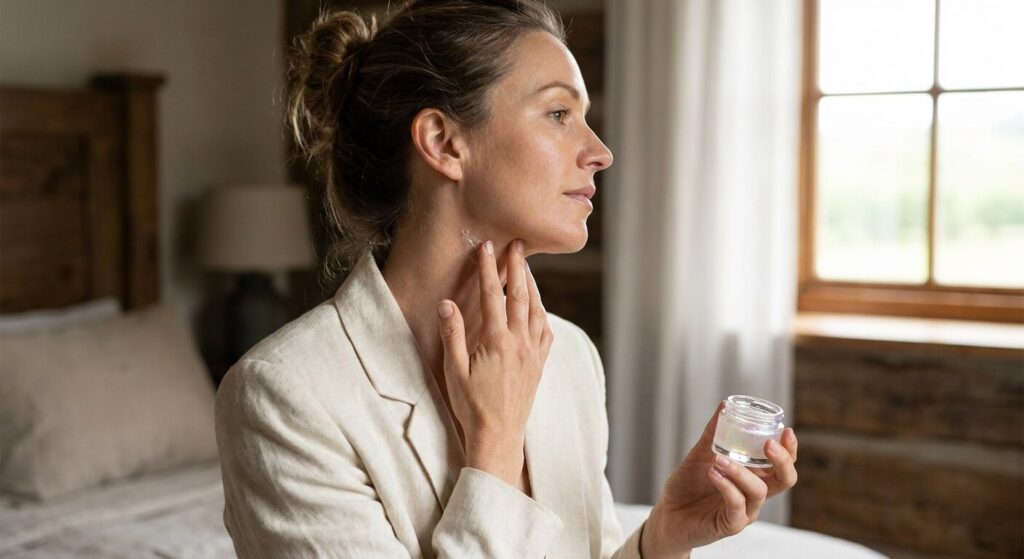 Femme appliquant discrètement une touche de gel au musc sur les points de pulsation du cou.