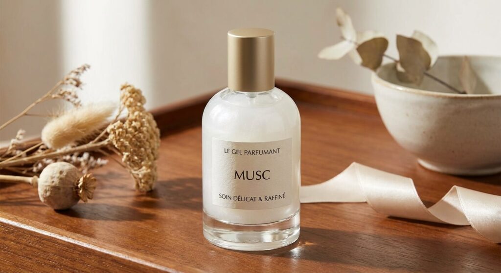 Flacon de gel parfumant au musc — soin beauté délicat et raffiné