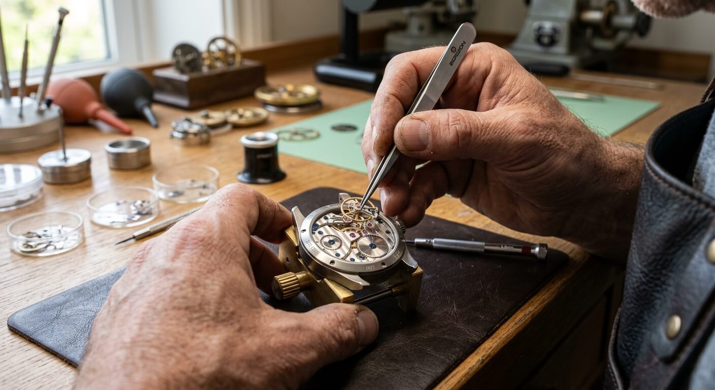 Gros plan sur les mains d'un passionné assemblant le mécanisme d'une montre sur mesure avec précision.