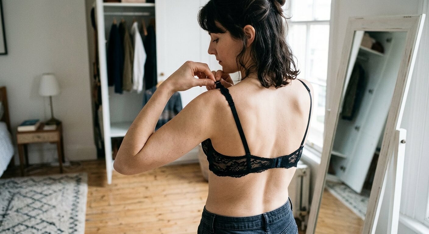 Femme ajustant les bretelles d'un soutien-gorge en dentelle pour plaquer le tissu qui baille