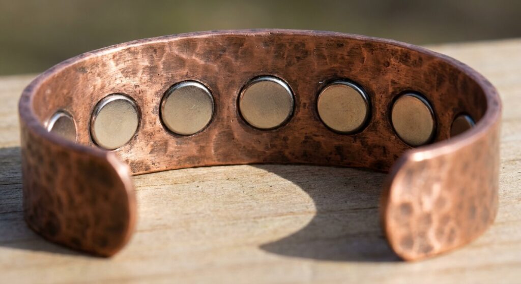 Gros plan sur les puissants aimants en néodyme incrustés à l'intérieur d'un jonc en cuivre