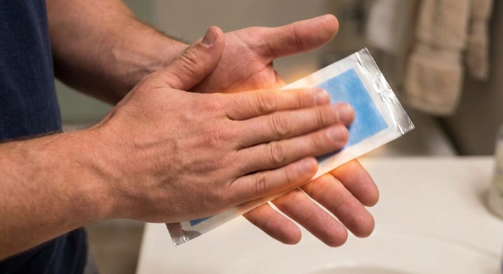 Frottement dynamique d'une bande de cire prête à l'emploi entre les mains pour la réchauffer